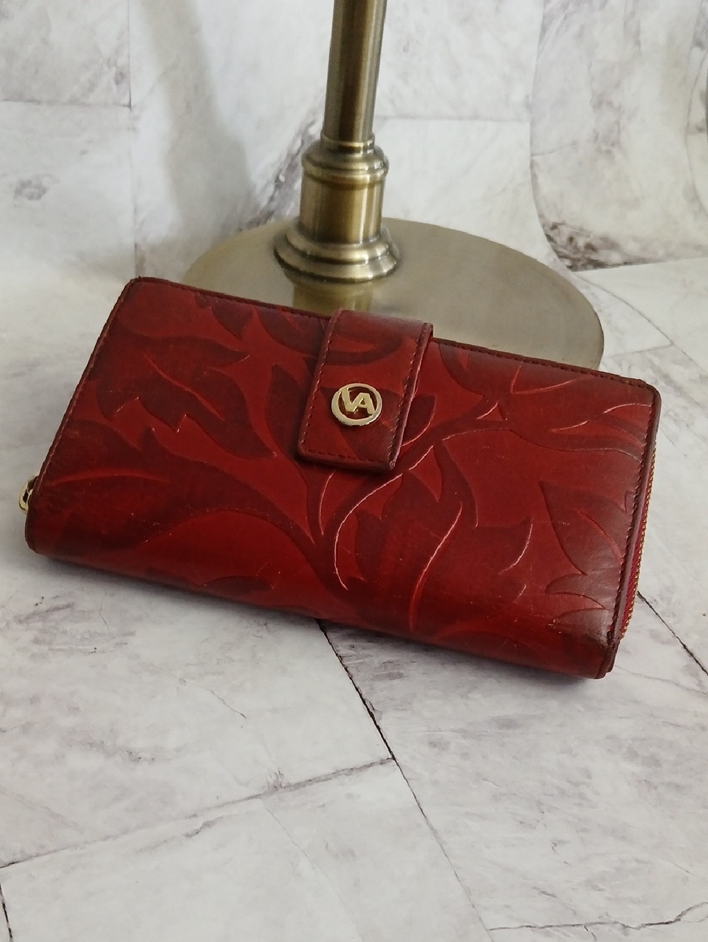 Valentina Red Embossed Leather Wallet with Gold Logo